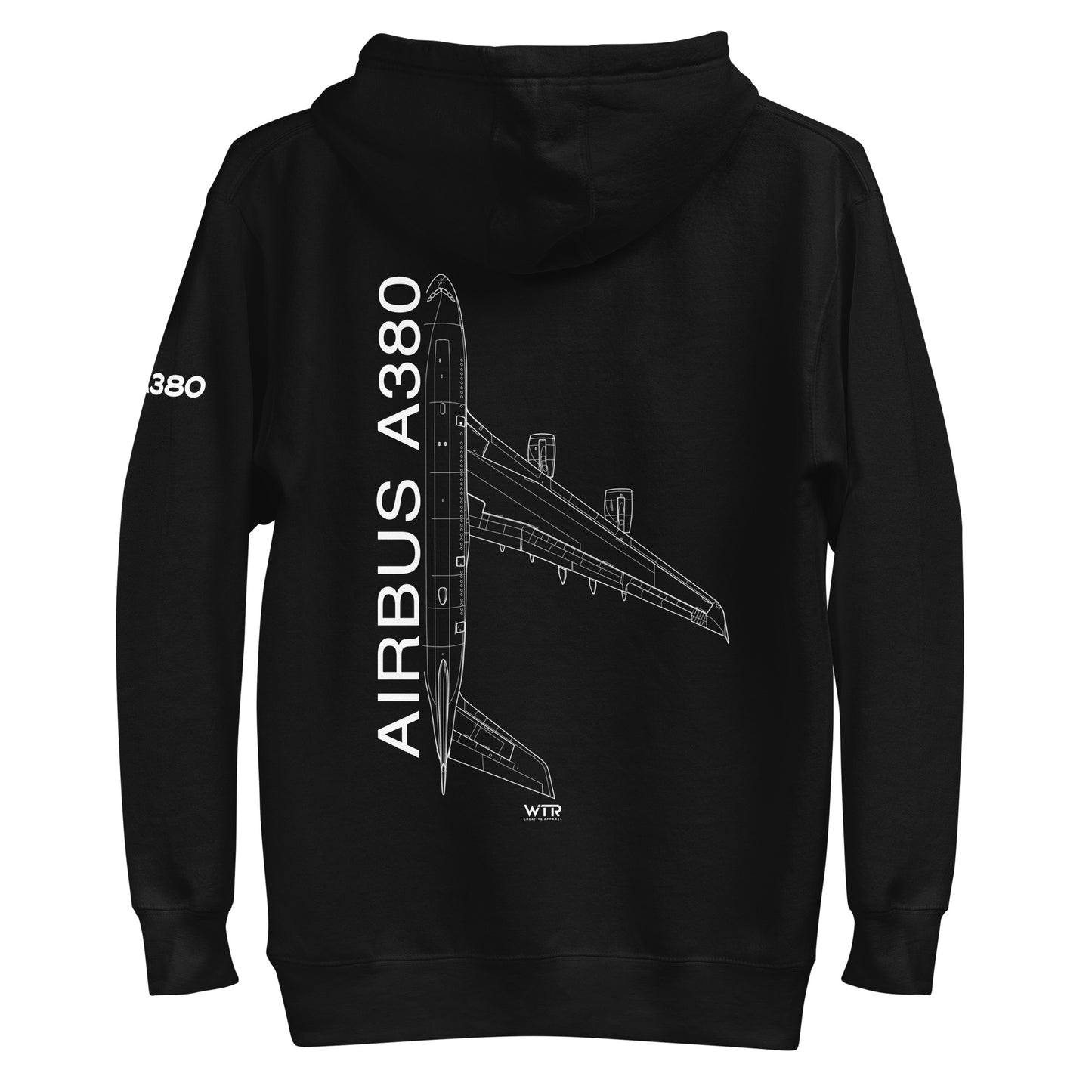 Hand-drawn schematic of the AIRBUS A380 SUPERJUMBO printed on a unisex hoodie.