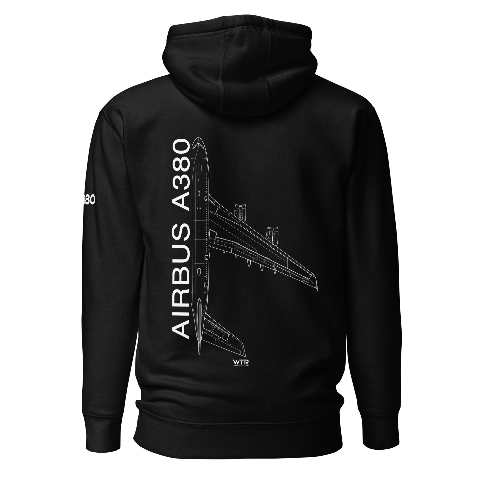 Hand-drawn schematic of the AIRBUS A380 SUPERJUMBO printed on a unisex hoodie.