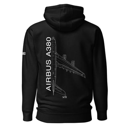 Hand-drawn schematic of the AIRBUS A380 SUPERJUMBO printed on a unisex hoodie.