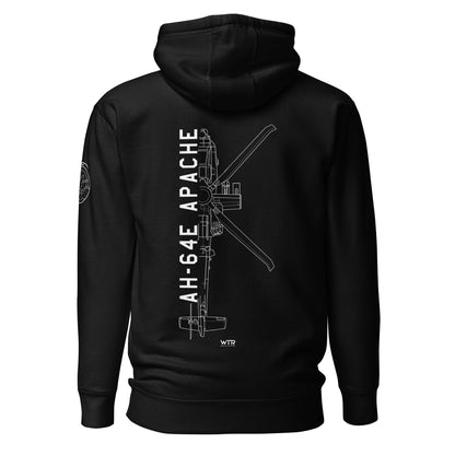 Hand-drawn schematic of the BOEING AH-64E APACHE GUARDIAN printed on a unisex hoodie.