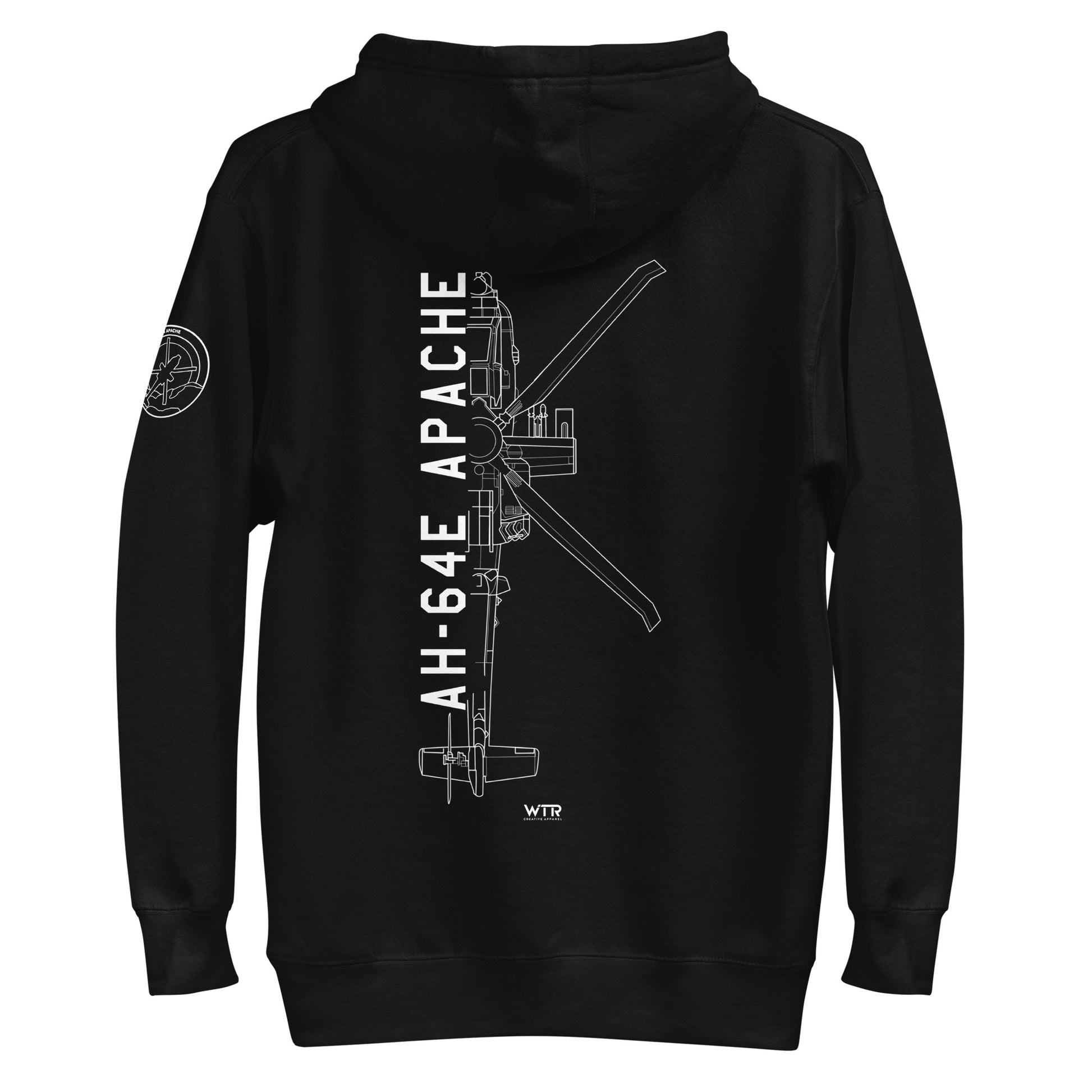 Hand-drawn schematic of the BOEING AH-64E APACHE GUARDIAN printed on a unisex hoodie.
