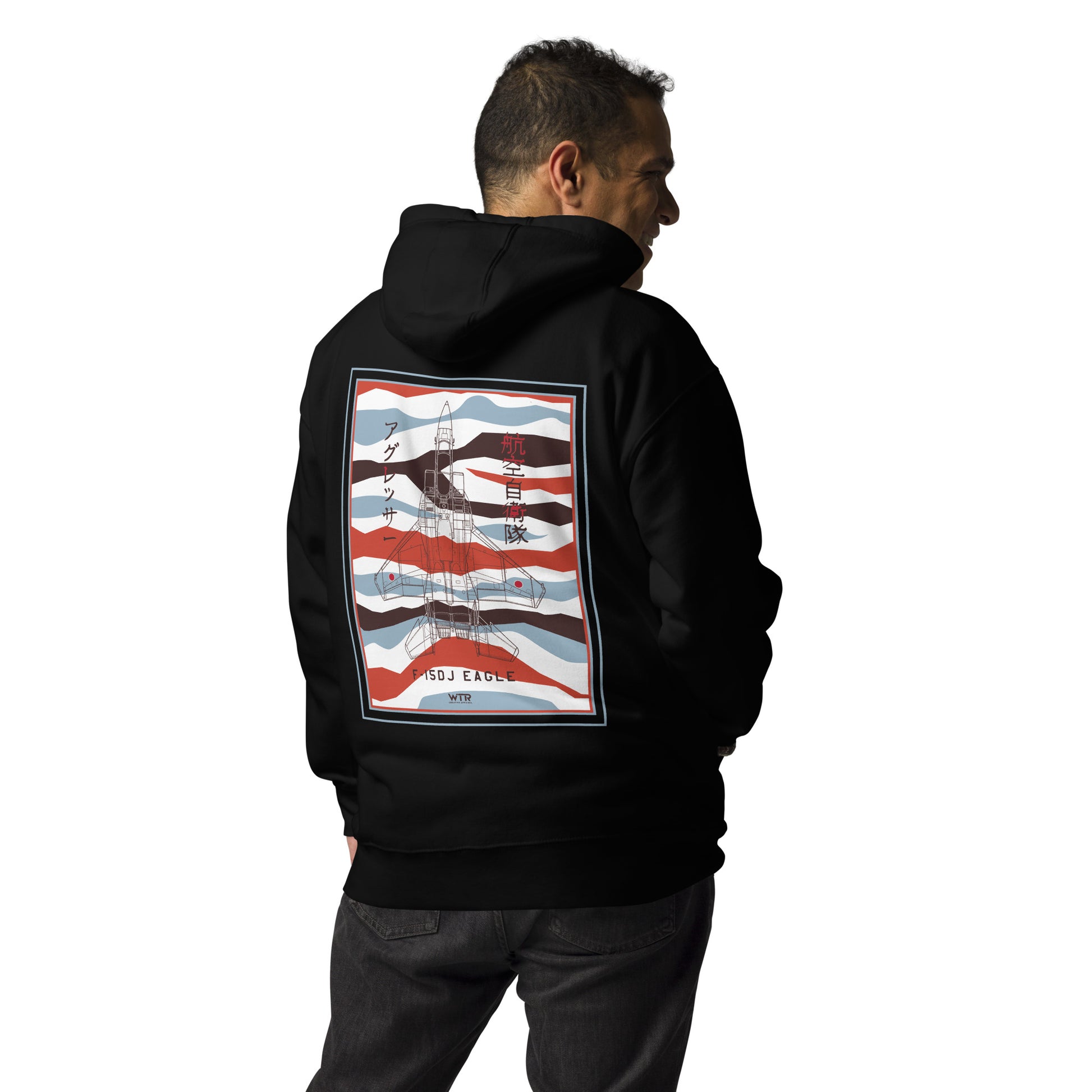 Hand-drawn schematic of the Mitsubishi F-15DJ Eagle Aggressor Minokasago Lionfish camouflage livery printed on a unisex hoodie.