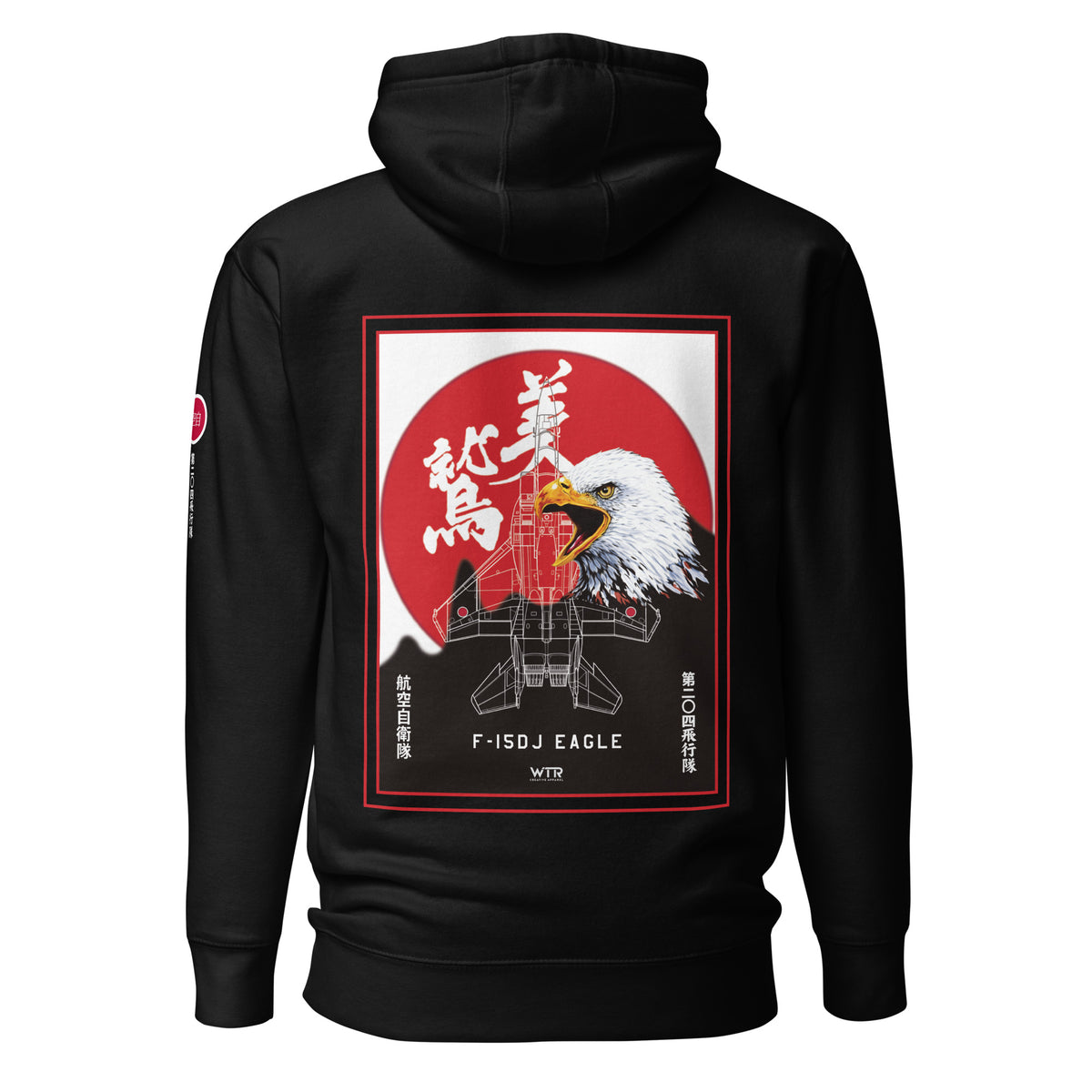 Hand-drawn schematic of the Mitsubishi F-15J Eagle 204th Tactical Fighter Squadron 2024 Churashima Air Fiesta livery on a hoodie.