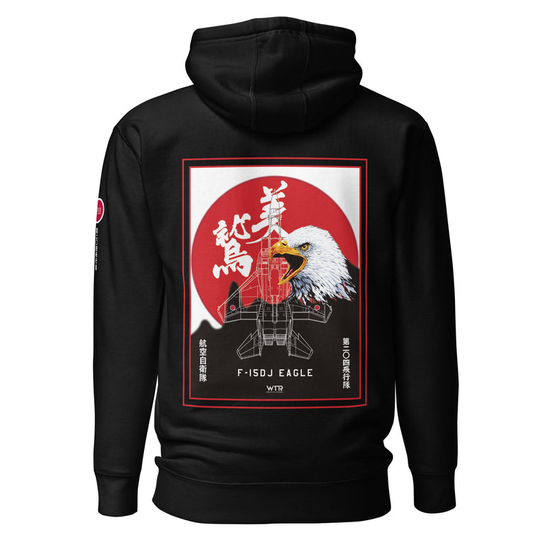 Hand-drawn schematic of the Mitsubishi F-15J Eagle 204th Tactical Fighter Squadron 2024 Churashima Air Fiesta livery on a hoodie.