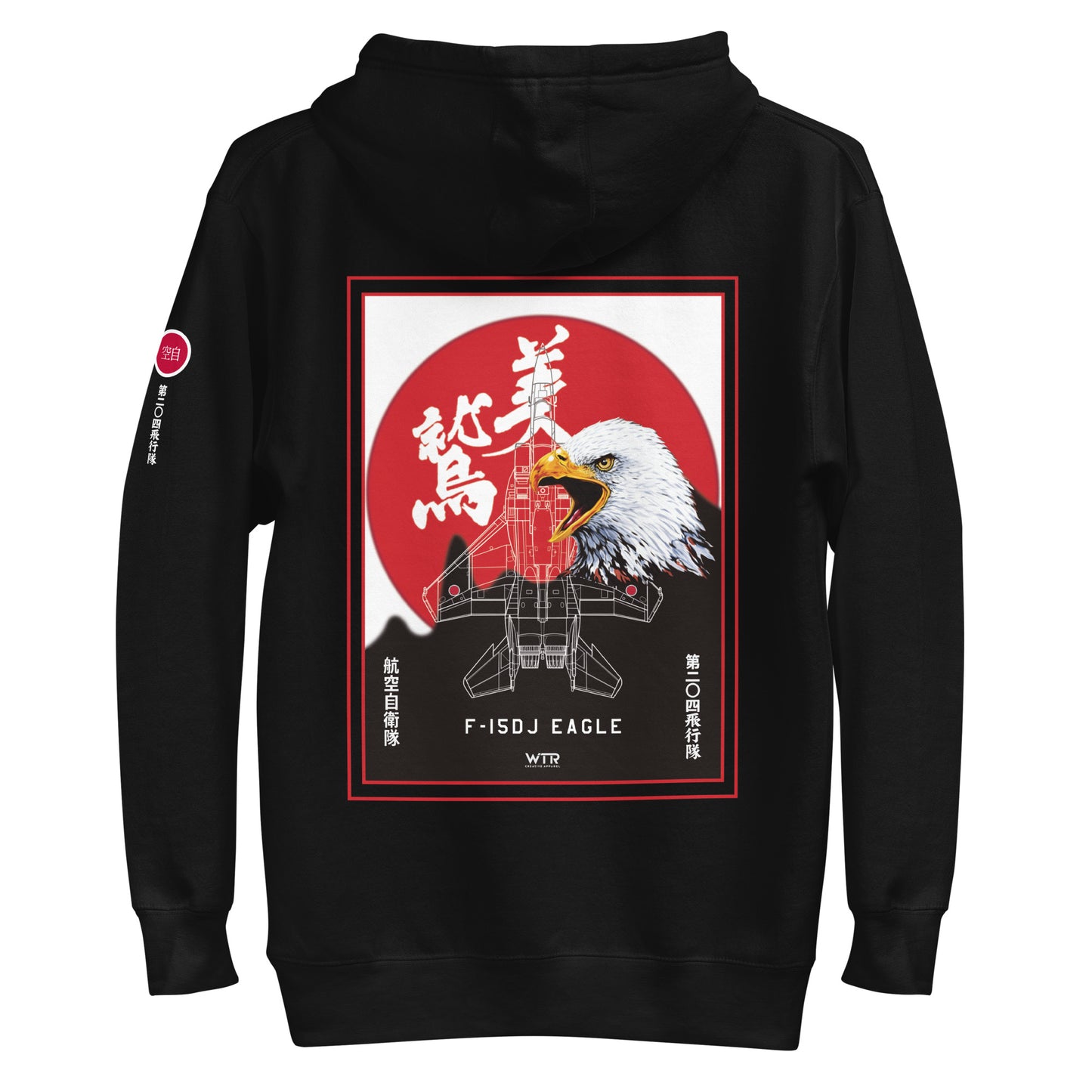 Hand-drawn schematic of the Mitsubishi F-15J Eagle 204th Tactical Fighter Squadron 2024 Churashima Air Fiesta livery on a hoodie.