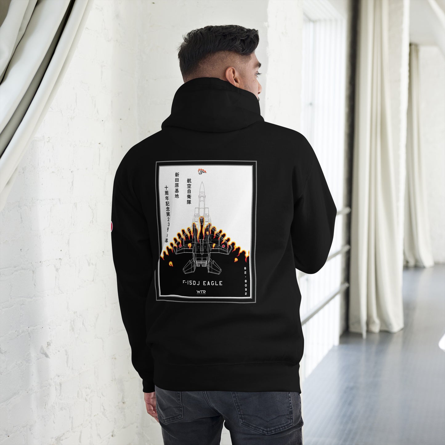 Hand-drawn schematic of the Mitsubishi F-15DJ Eagle 23rd Fighter Squadron 10th Anniversary Flame Edition livery on a unisex hoodie.
