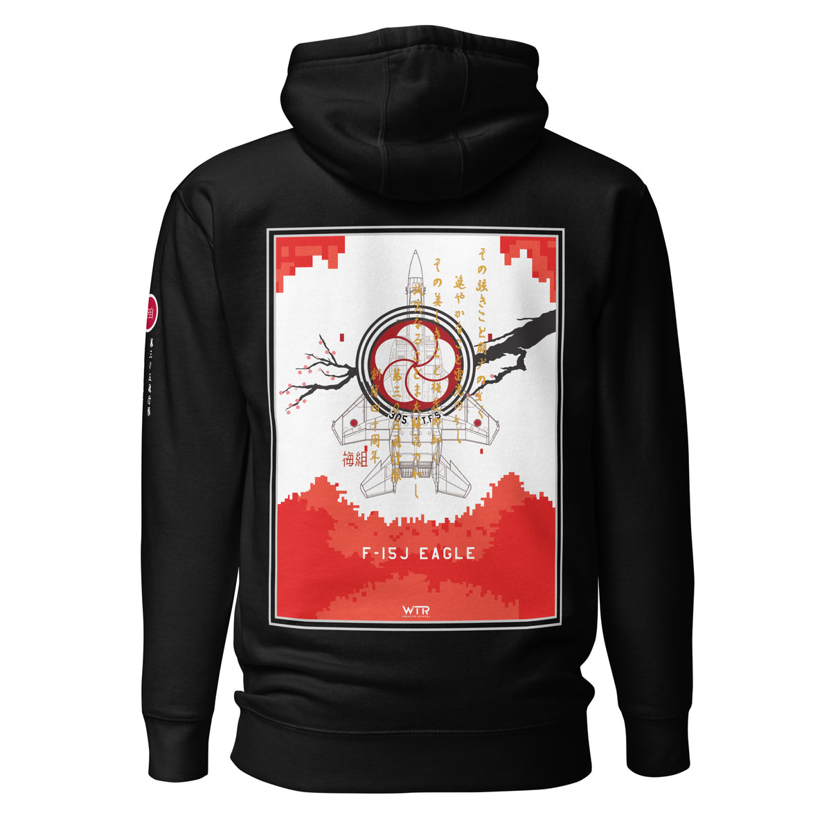 Hand-drawn schematic of the Mitsubishi F-15J Eagle 305th Tactical Fighter Squadron 40 Years Anniversary livery on a unisex hoodie.