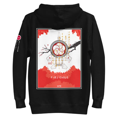 Hand-drawn schematic of the Mitsubishi F-15J Eagle 305th Tactical Fighter Squadron 40 Years Anniversary livery on a unisex hoodie.