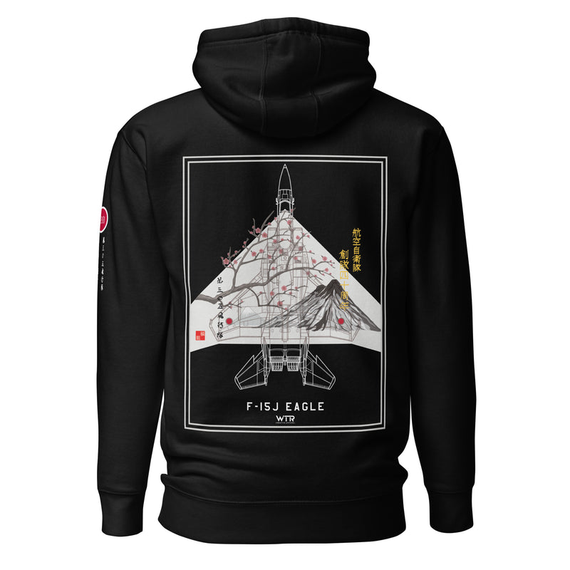 Hand-drawn schematic of the Mitsubishi F-15J Eagle 305th Tactical Fighter Squadron 50 Years Anniversary livery on a unisex hoodie.