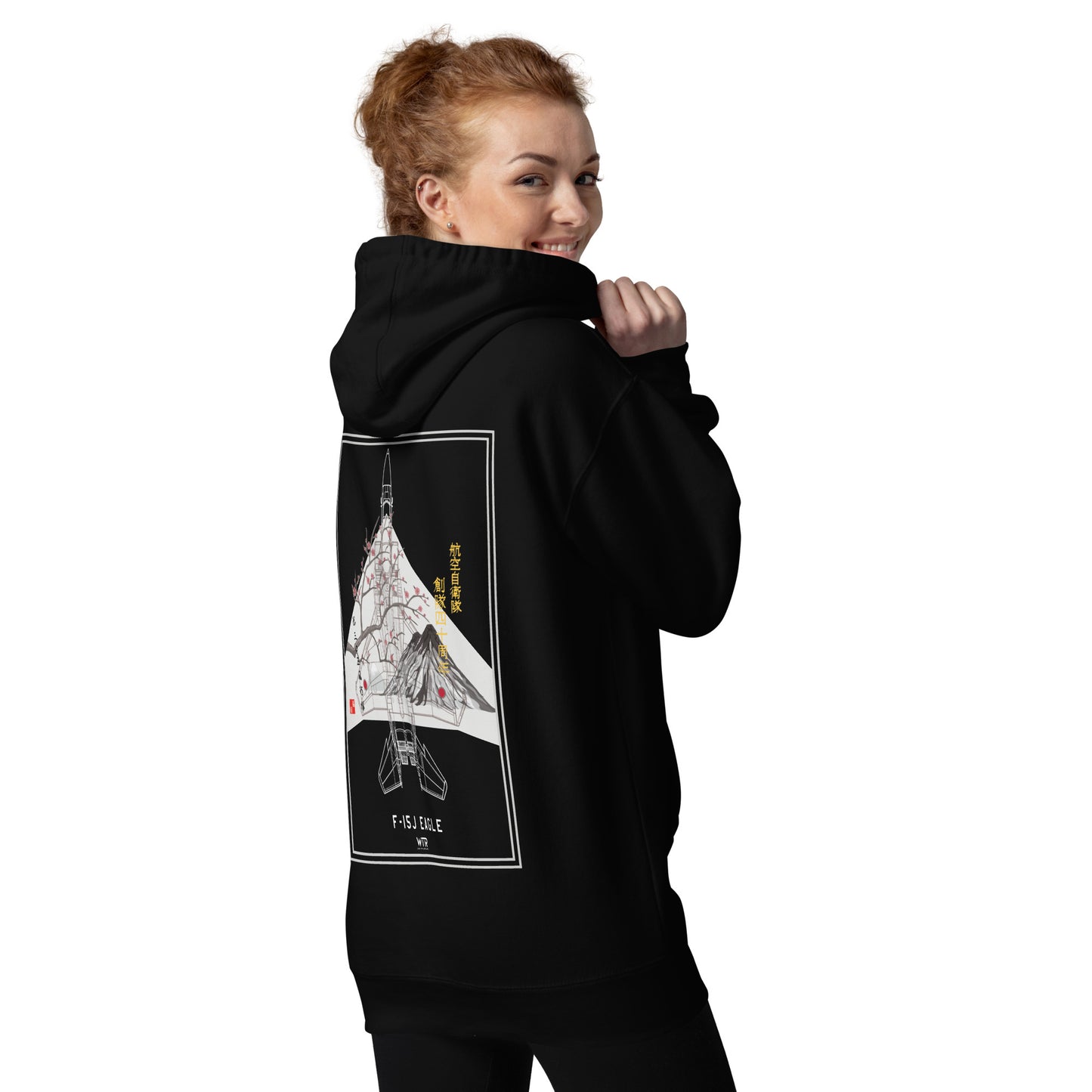 Hand-drawn schematic of the Mitsubishi F-15J Eagle 305th Tactical Fighter Squadron 50 Years Anniversary livery on a unisex hoodie.
