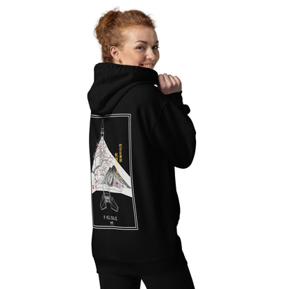 Hand-drawn schematic of the Mitsubishi F-15J Eagle 305th Tactical Fighter Squadron 50 Years Anniversary livery on a unisex hoodie.