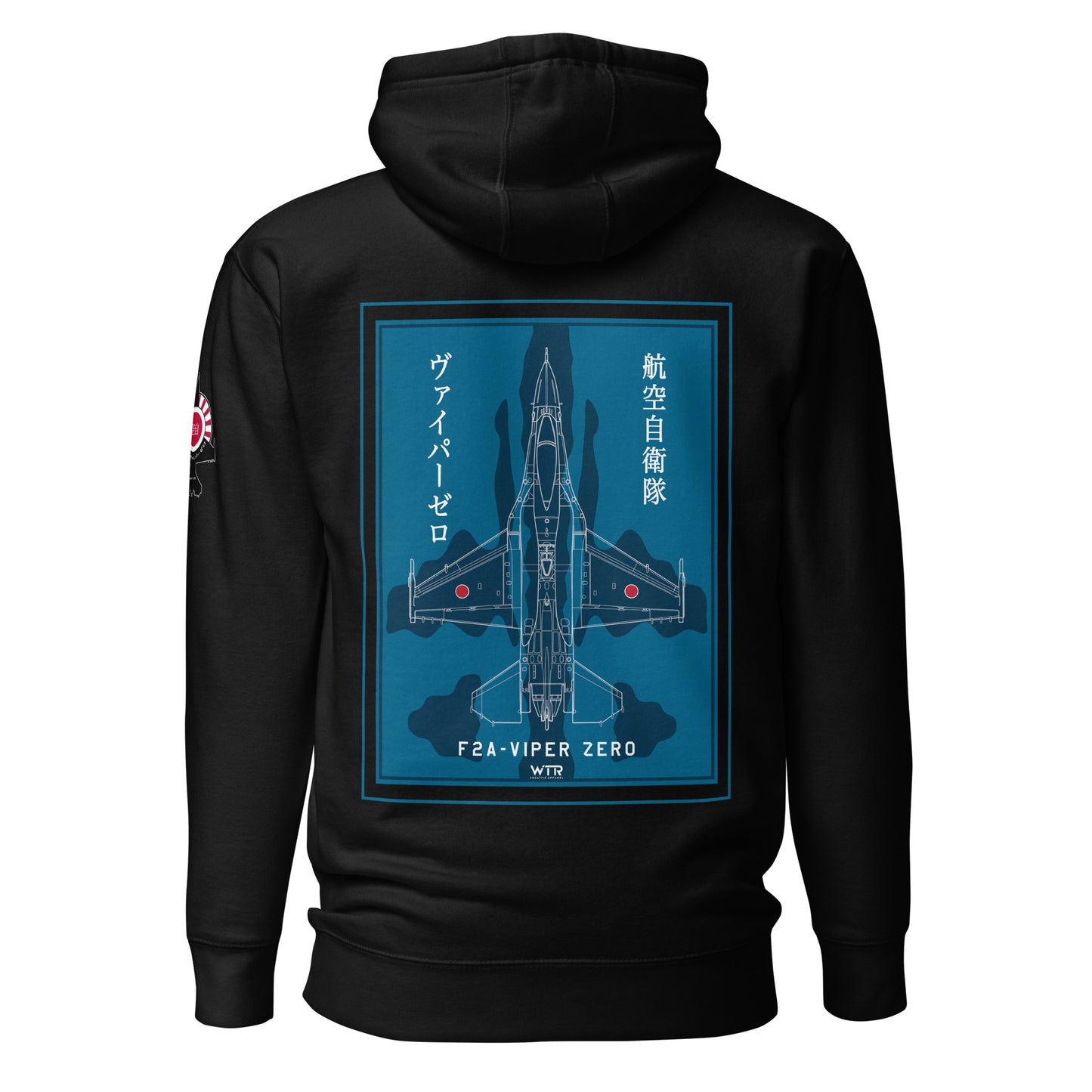 Hand-drawn schematic of the Mitsubishi F-2A Viper Zero in Maritime Blue Camouflage livery printed on a comfortable unisex hoodie.