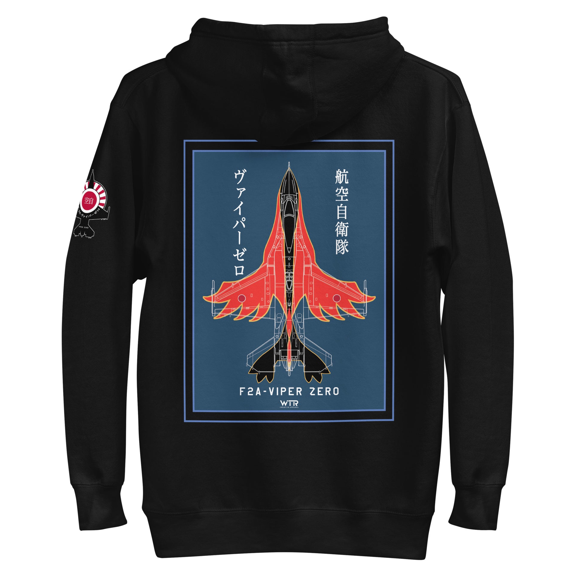 Hand-drawn schematic of the Mitsubishi F-2A Viper Zero Yatagarasu 60th Anniversary 6th Fighter Squadron livery on a unisex hoodie.