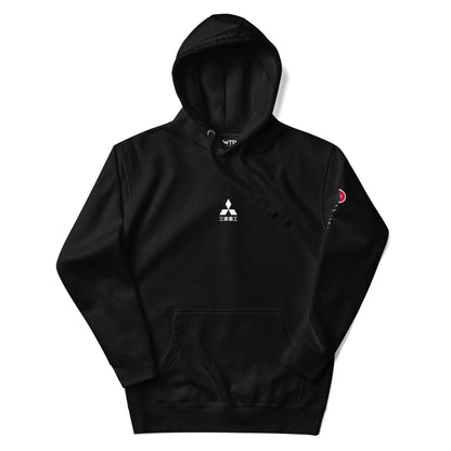Hand-drawn schematic of the Mitsubishi F-15DJ Eagle Aggressor Minokasago Lionfish camouflage livery printed on a unisex hoodie.