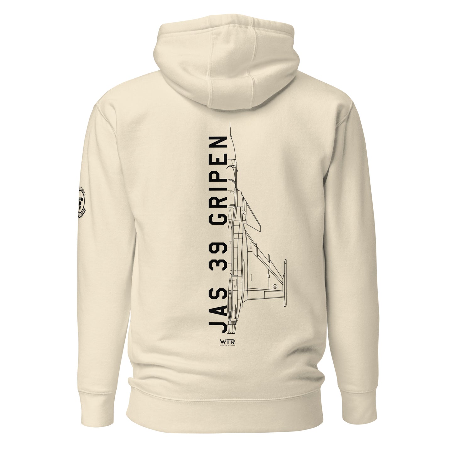 Hand-drawn schematic of the SAAB JAS 39 GRIPEN printed on a unisex hoodie.