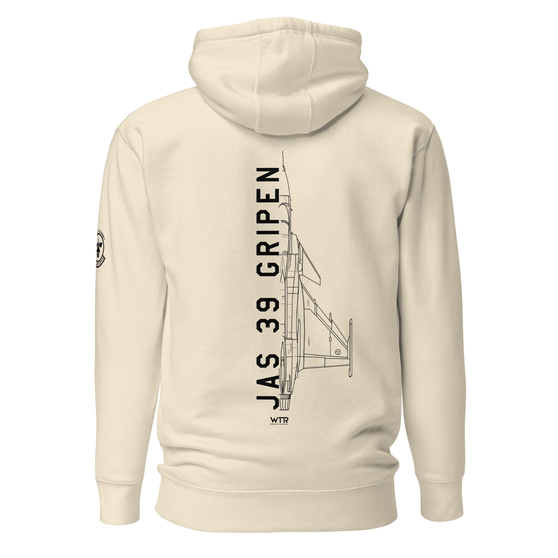 Hand-drawn technical schematic of the Saab JAS 39 Gripen multi-role fighter printed on a comfortable unisex hoodie.