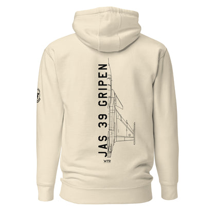 Hand-drawn schematic of the SAAB JAS 39 GRIPEN printed on a unisex hoodie.