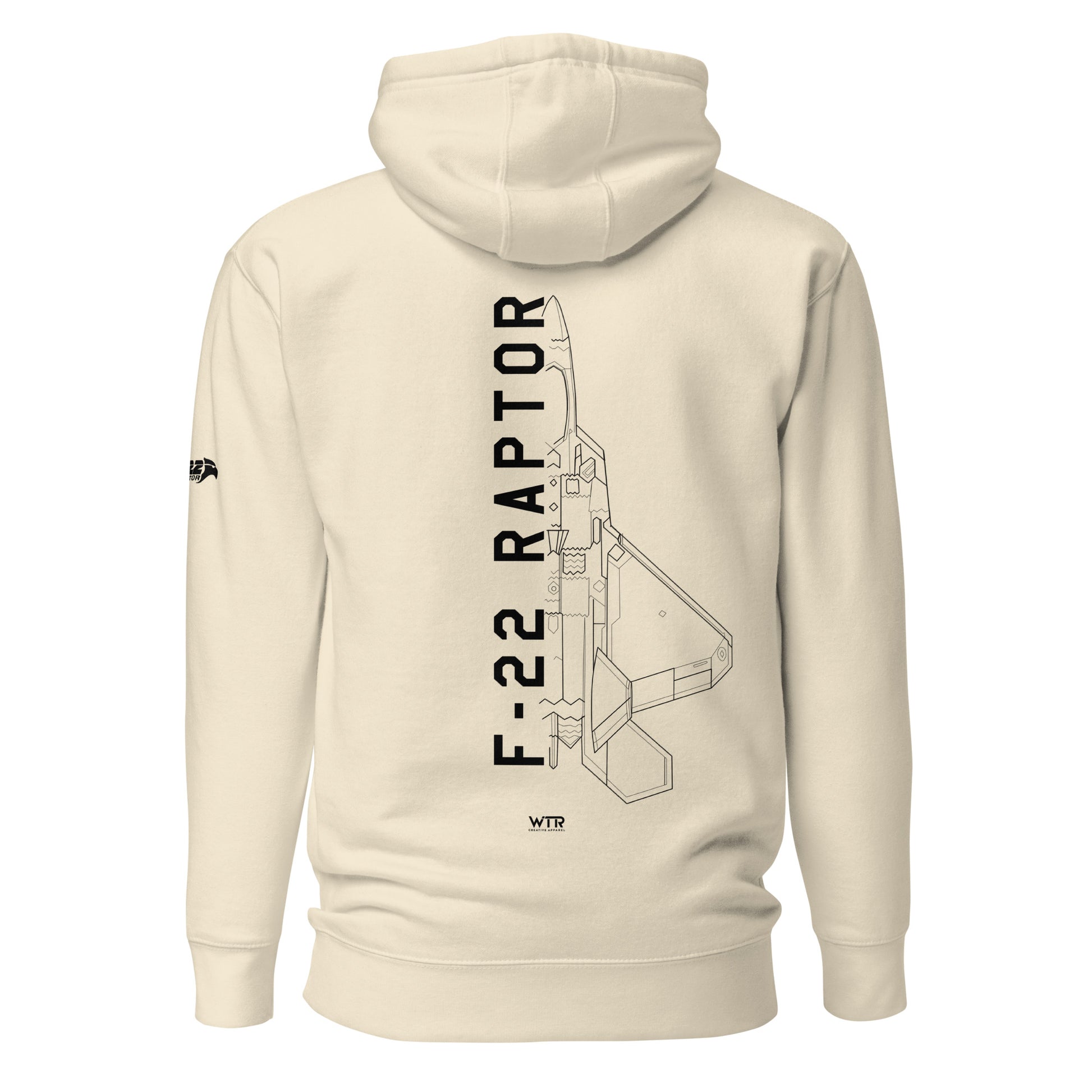 Hand-drawn technical schematic of the Lockheed Martin F-22 Raptor air superiority fighter on a unisex hoodie.