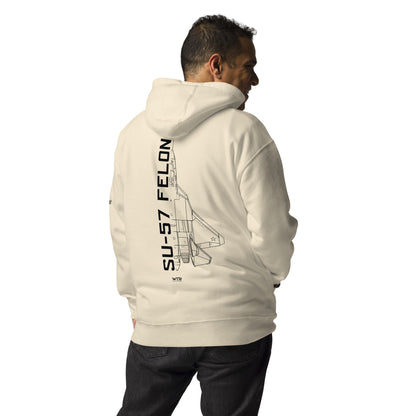 Hand-drawn schematic of the SUKHOI SU‑57 FELON printed on a unisex hoodie.