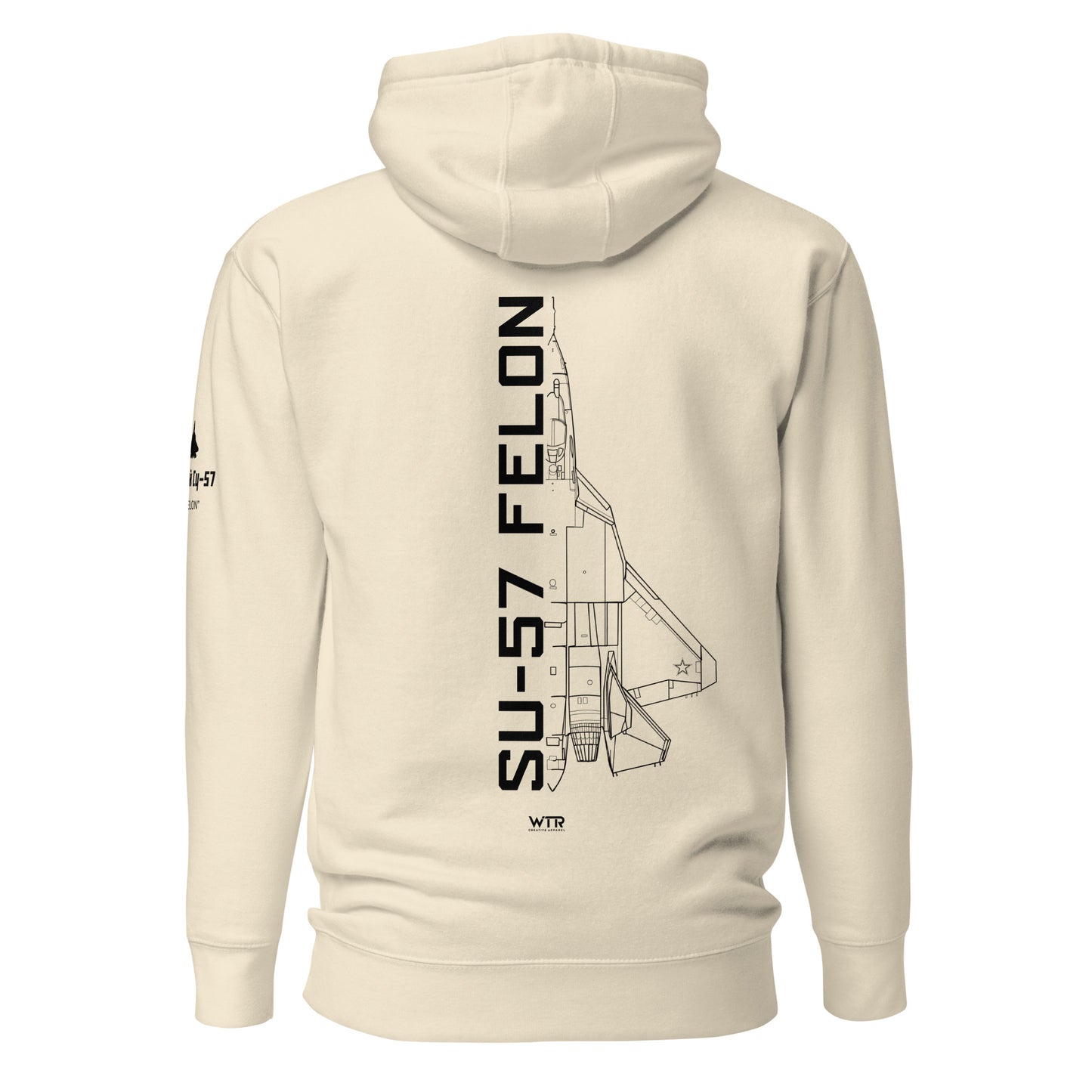Hand-drawn schematic of the SUKHOI SU‑57 FELON printed on a unisex hoodie.
