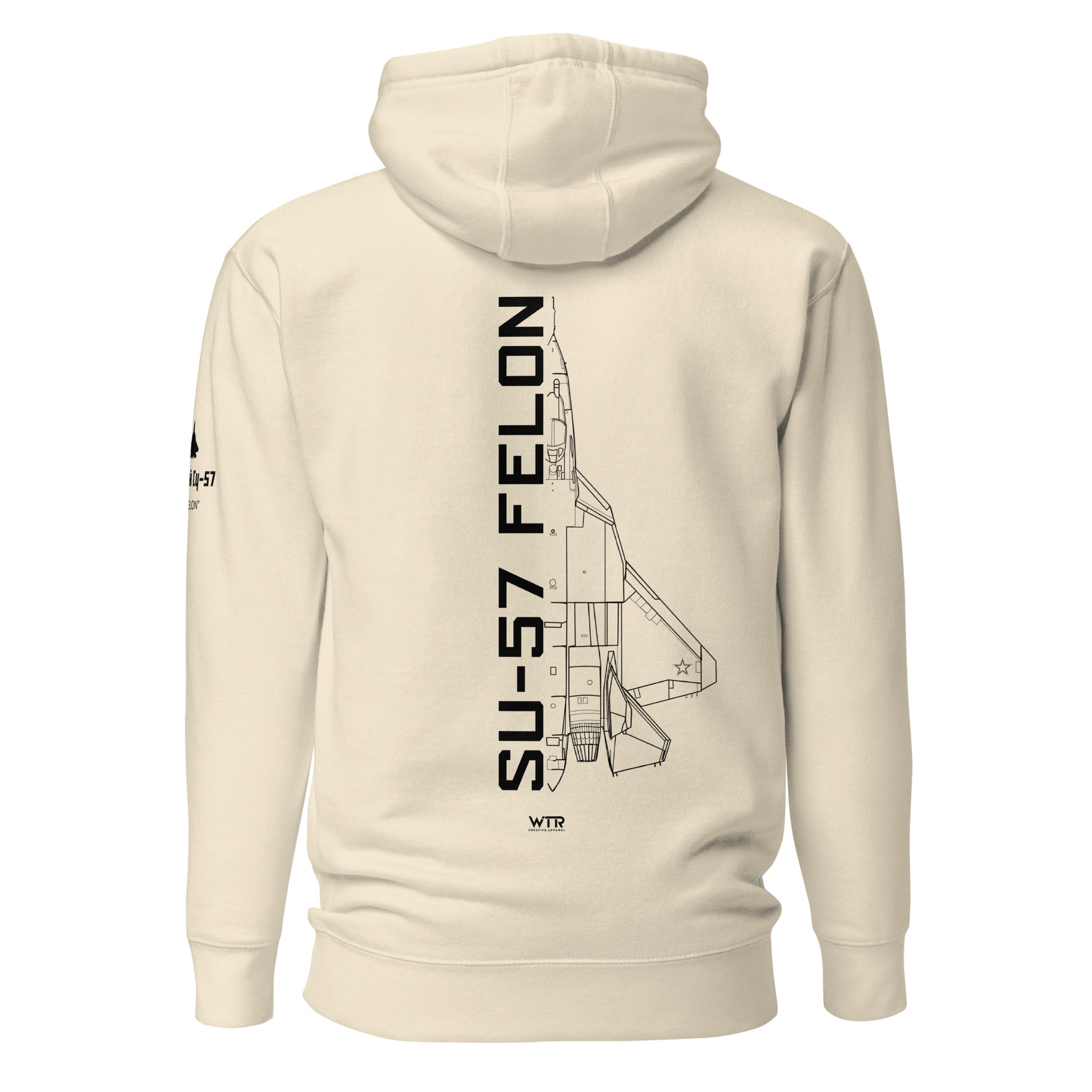 Hand-drawn technical schematic of the Sukhoi SU-57 Felon 5th-gen stealth fighter printed on a unisex hoodie.