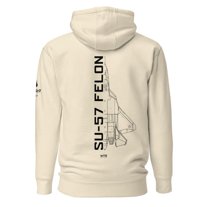 Hand-drawn schematic of the SUKHOI SU‑57 FELON printed on a unisex hoodie.