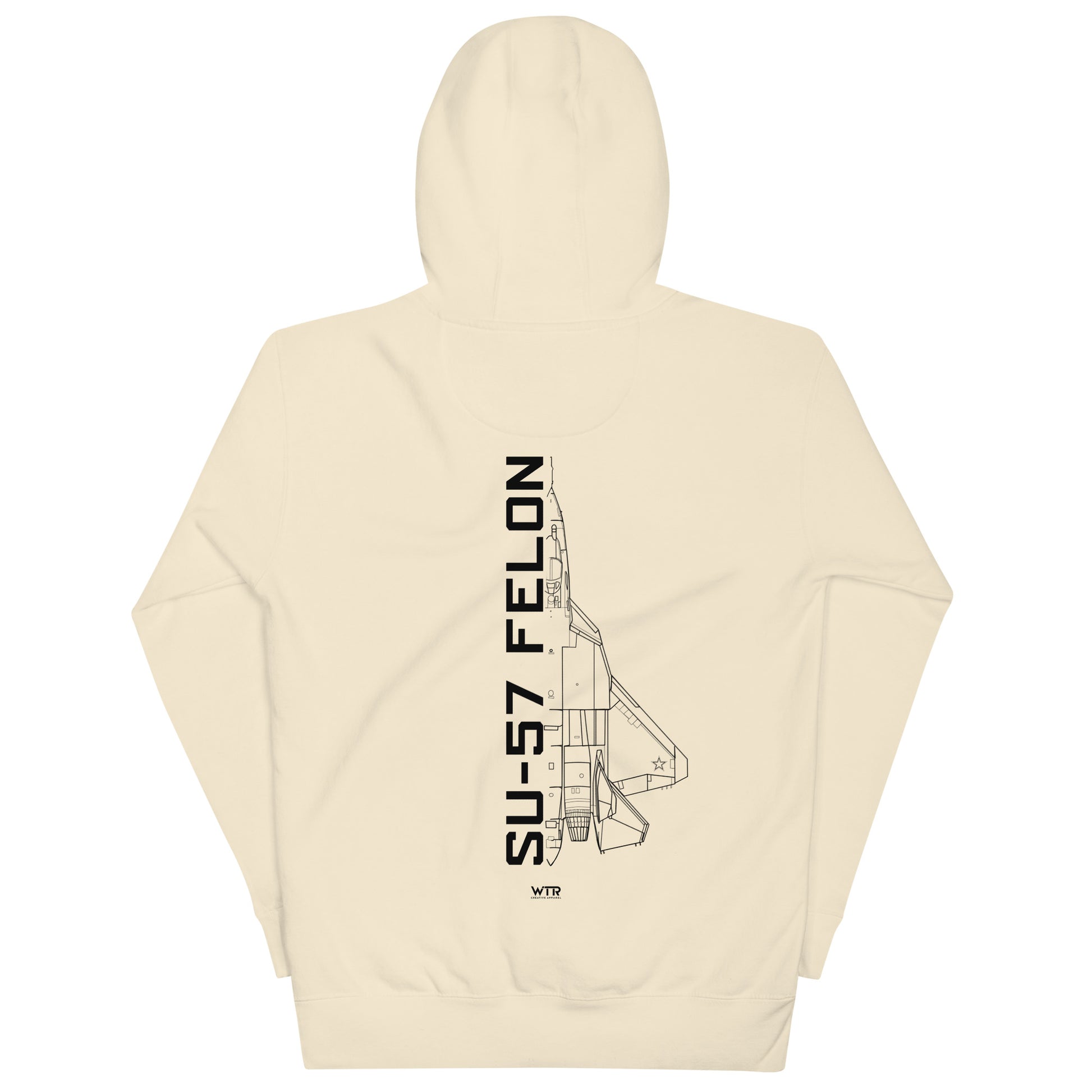 Hand-drawn schematic of the SUKHOI SU‑57 FELON printed on a unisex hoodie.