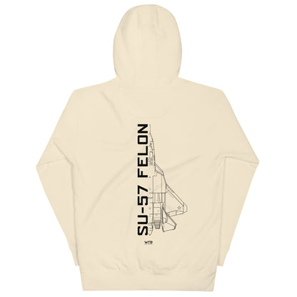 Hand-drawn schematic of the SUKHOI SU‑57 FELON printed on a unisex hoodie.