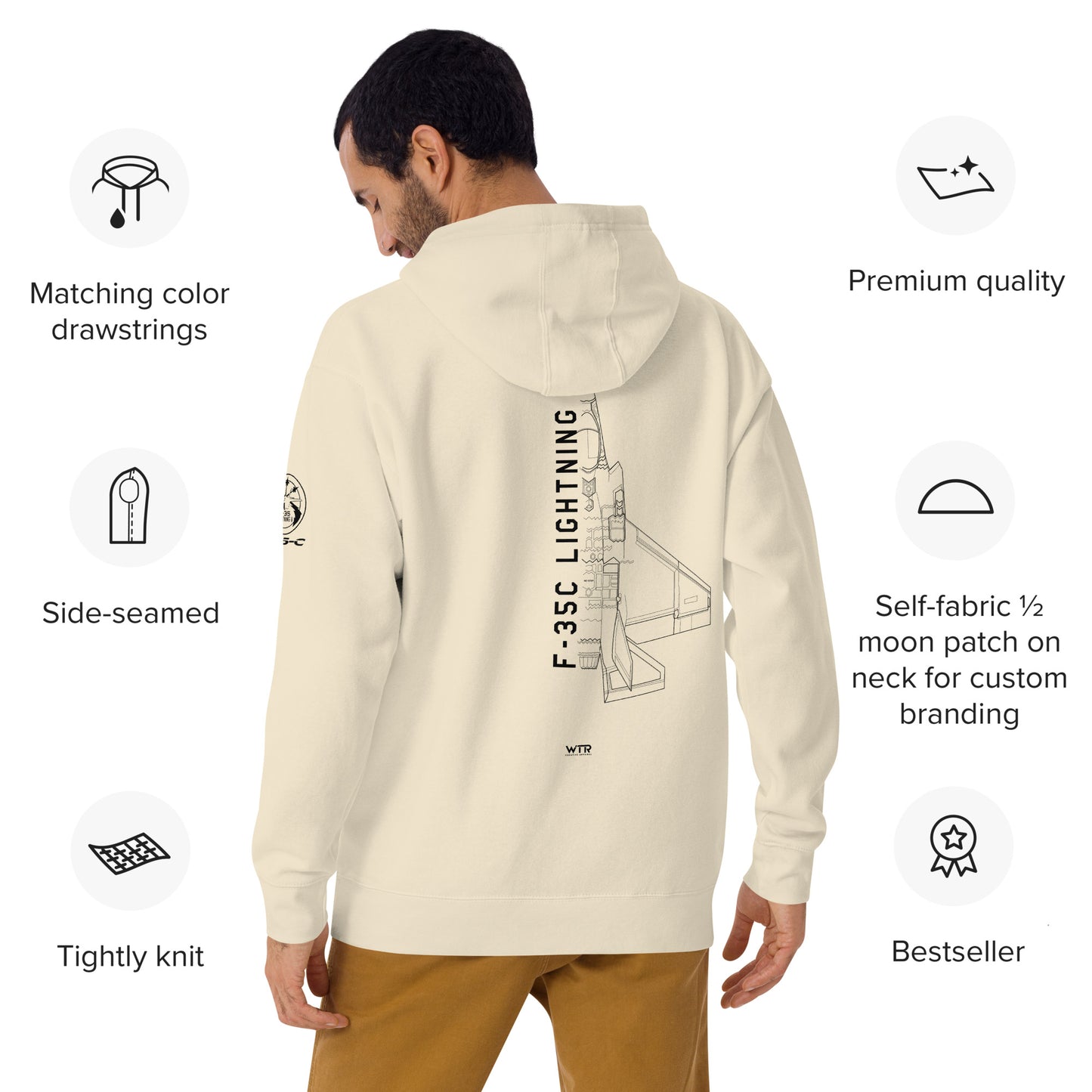 Hand-drawn schematic of the LOCKHEED MARTIN F-35C LIGHTNING II printed on a unisex hoodie.