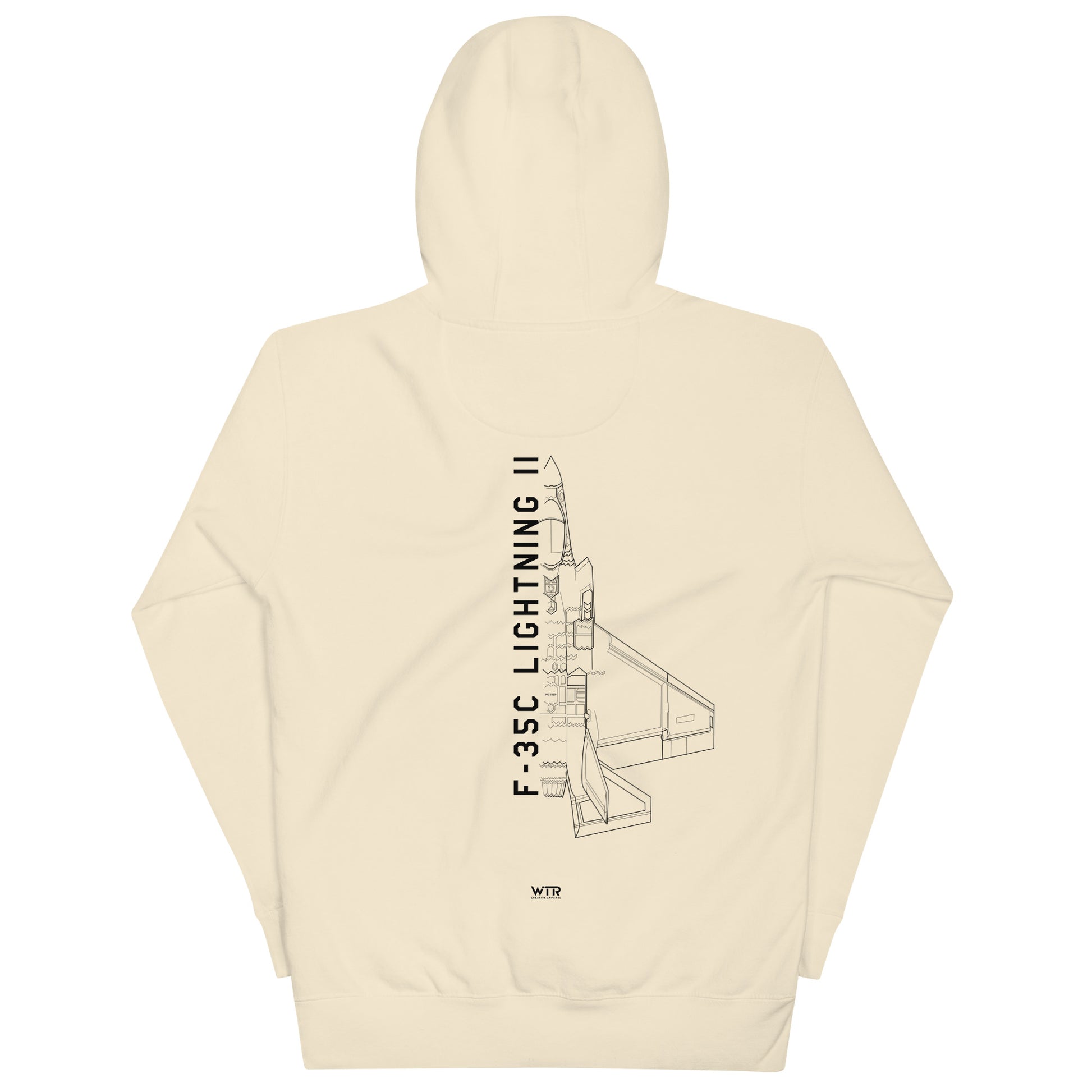 Hand-drawn schematic of the LOCKHEED MARTIN F-35C LIGHTNING II printed on a unisex hoodie.