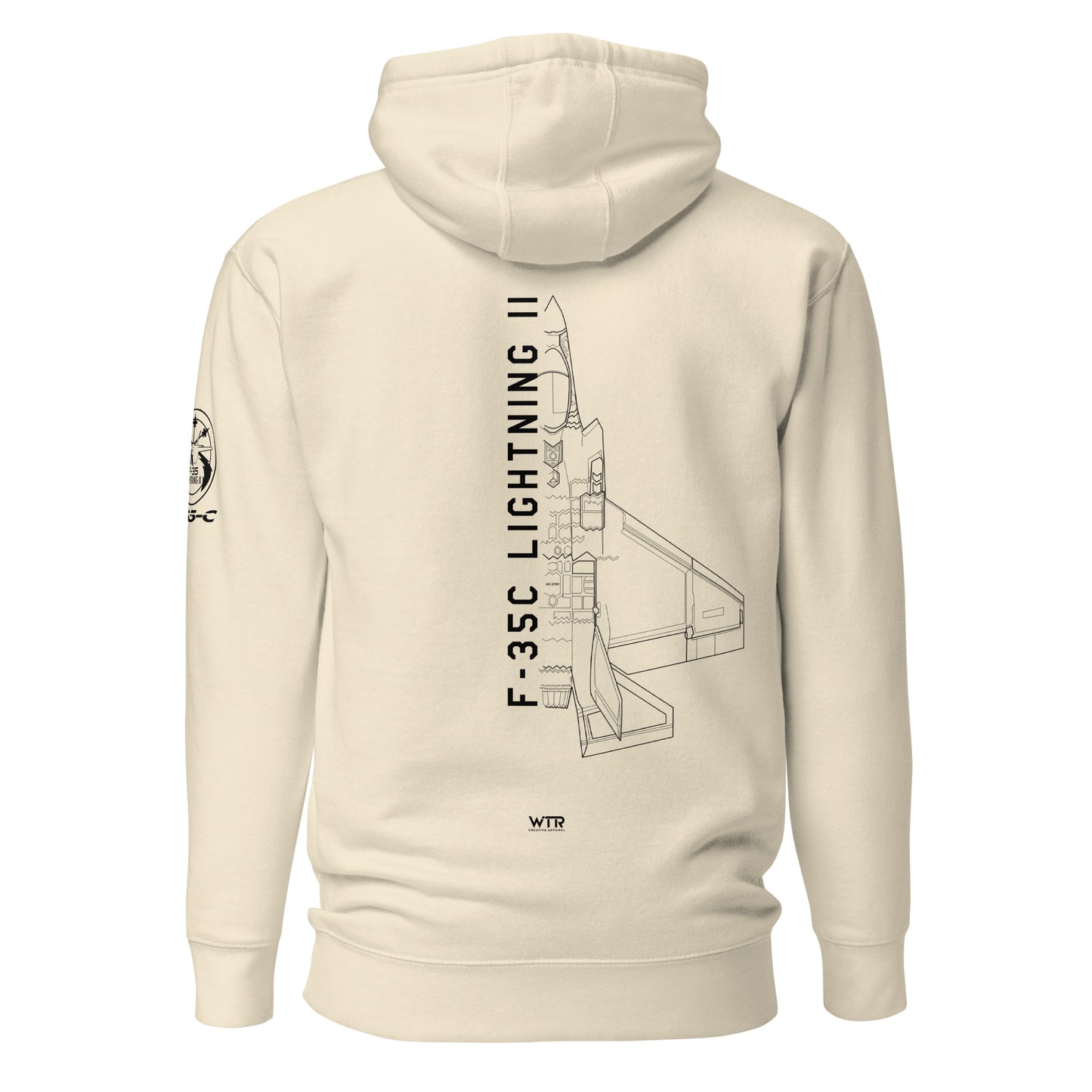 Hand-drawn schematic of the LOCKHEED MARTIN F-35C LIGHTNING II printed on a unisex hoodie.