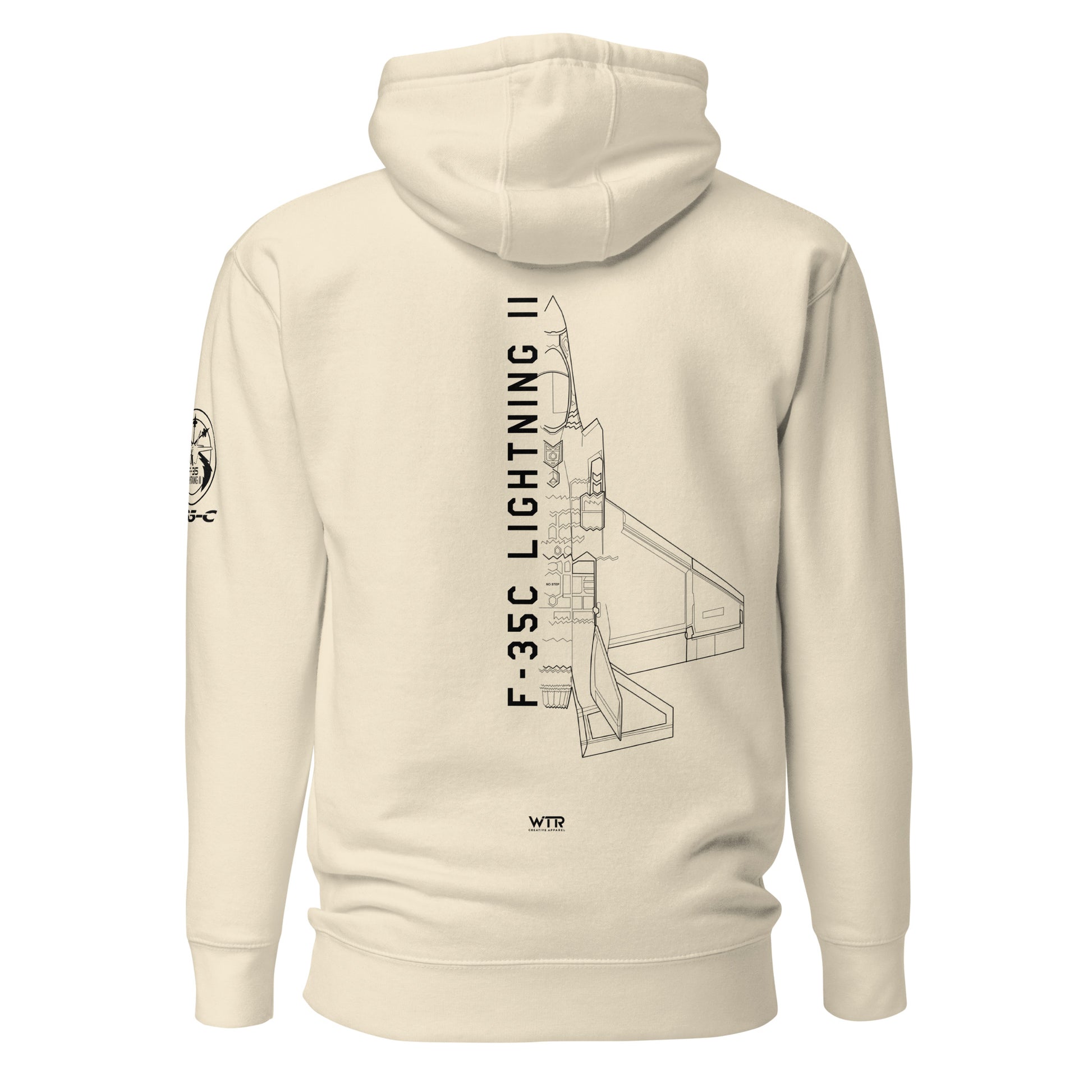 Hand-drawn technical schematic of the Lockheed Martin F-35C Lightning II (CATOBAR) carrier fighter on a unisex hoodie.