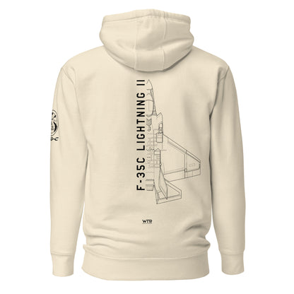 Hand-drawn schematic of the LOCKHEED MARTIN F-35C LIGHTNING II printed on a unisex hoodie.