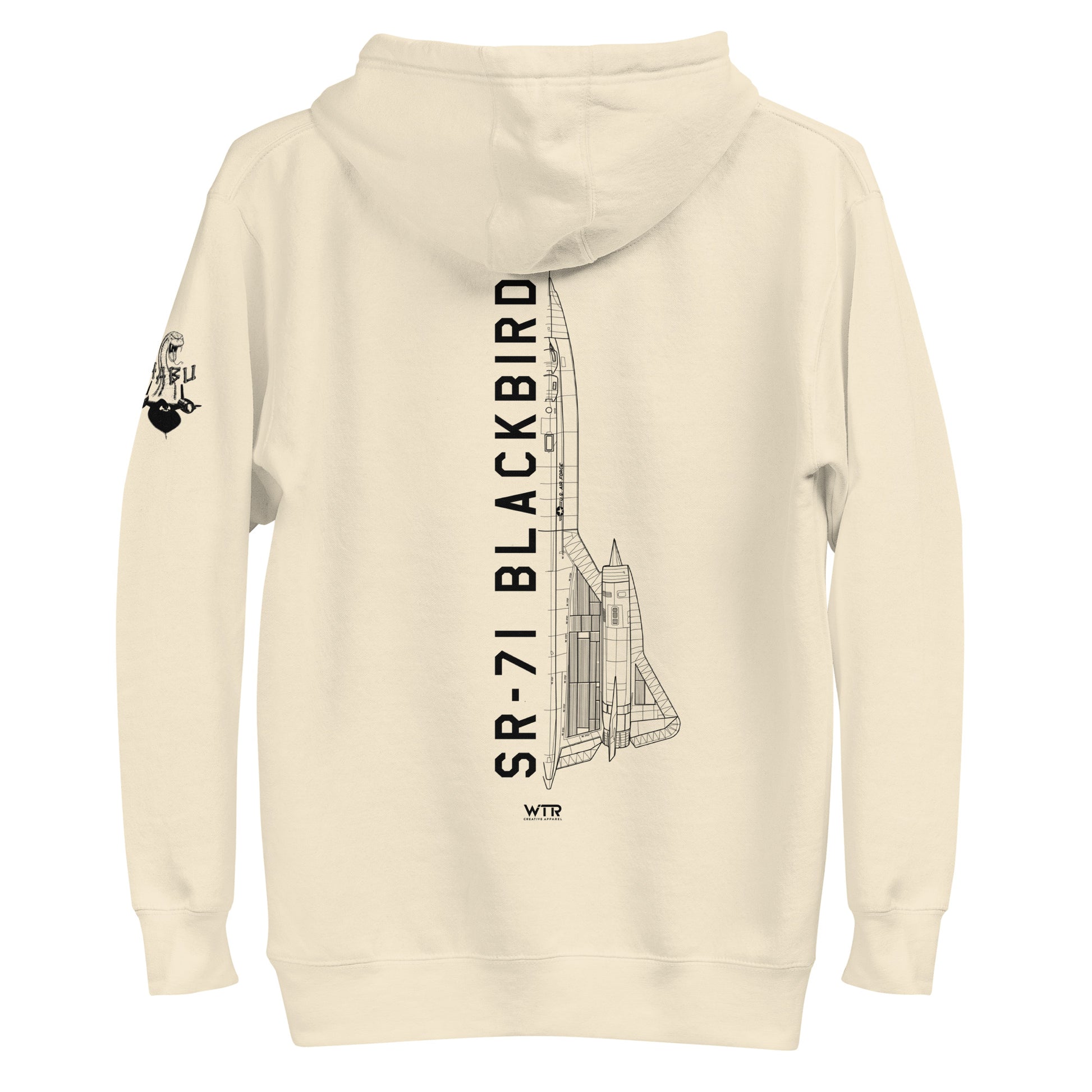 Hand-drawn schematic of the LOCKHEED MARTIN SKUNK WORKS SR-71 BLACKBIRD printed on a unisex hoodie.