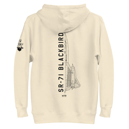 Hand-drawn schematic of the LOCKHEED MARTIN SKUNK WORKS SR-71 BLACKBIRD printed on a unisex hoodie.