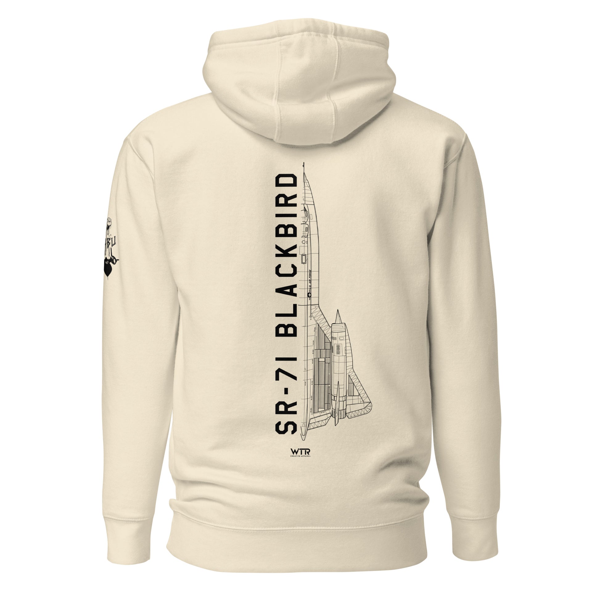 Hand-drawn technical schematic of the Lockheed Martin Skunk Works SR-71 Blackbird "Habu" printed on a unisex hoodie.