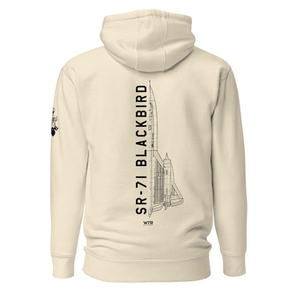 Hand-drawn schematic of the LOCKHEED MARTIN SKUNK WORKS SR-71 BLACKBIRD printed on a unisex hoodie.