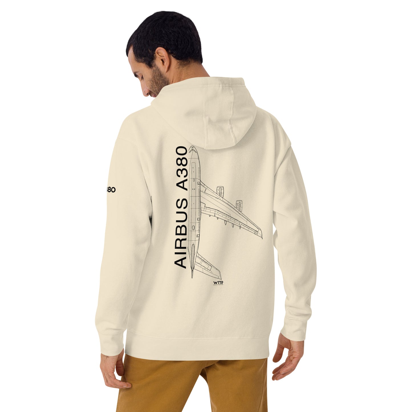 Hand-drawn schematic of the AIRBUS A380 SUPERJUMBO printed on a unisex hoodie.