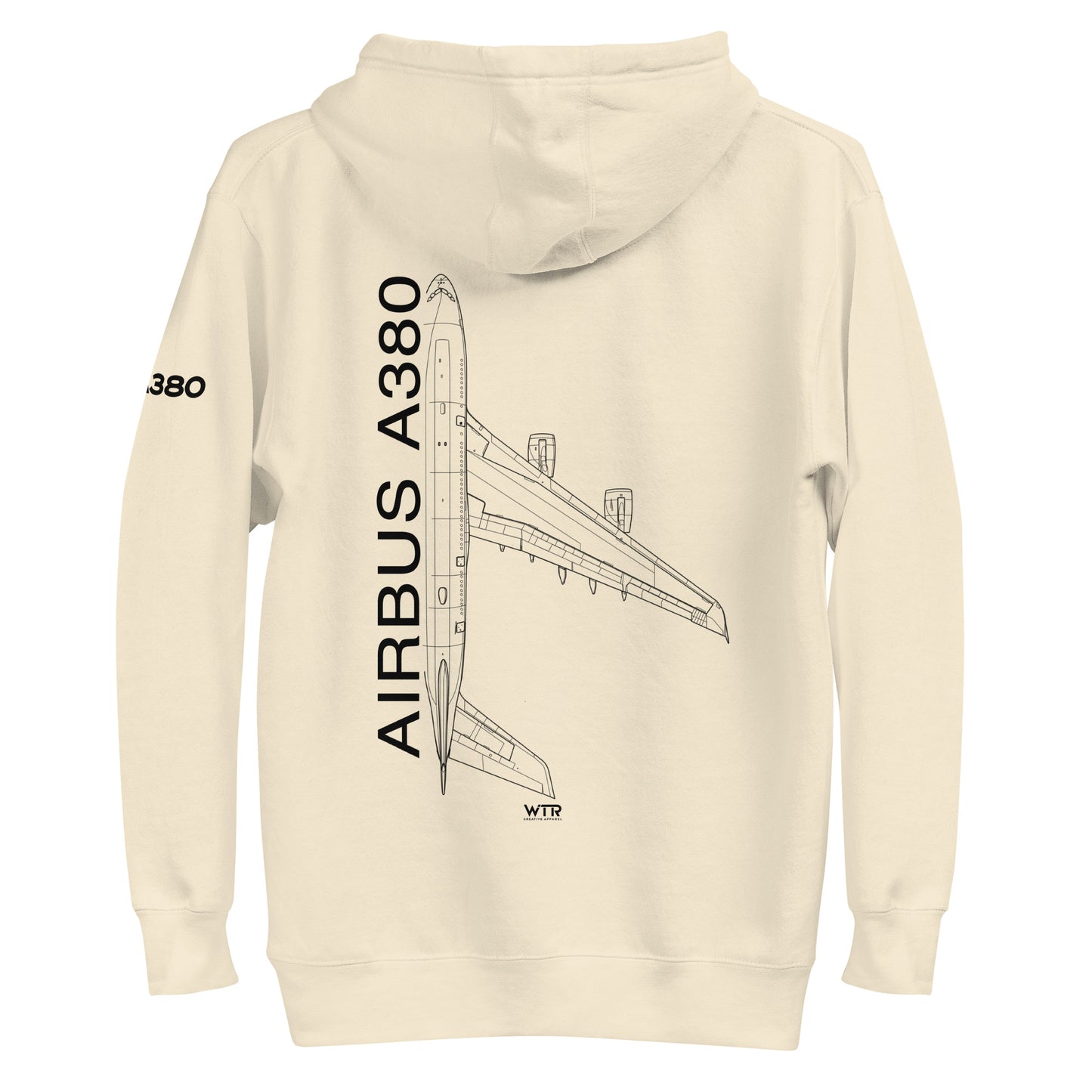 Hand-drawn schematic of the AIRBUS A380 SUPERJUMBO printed on a unisex hoodie.