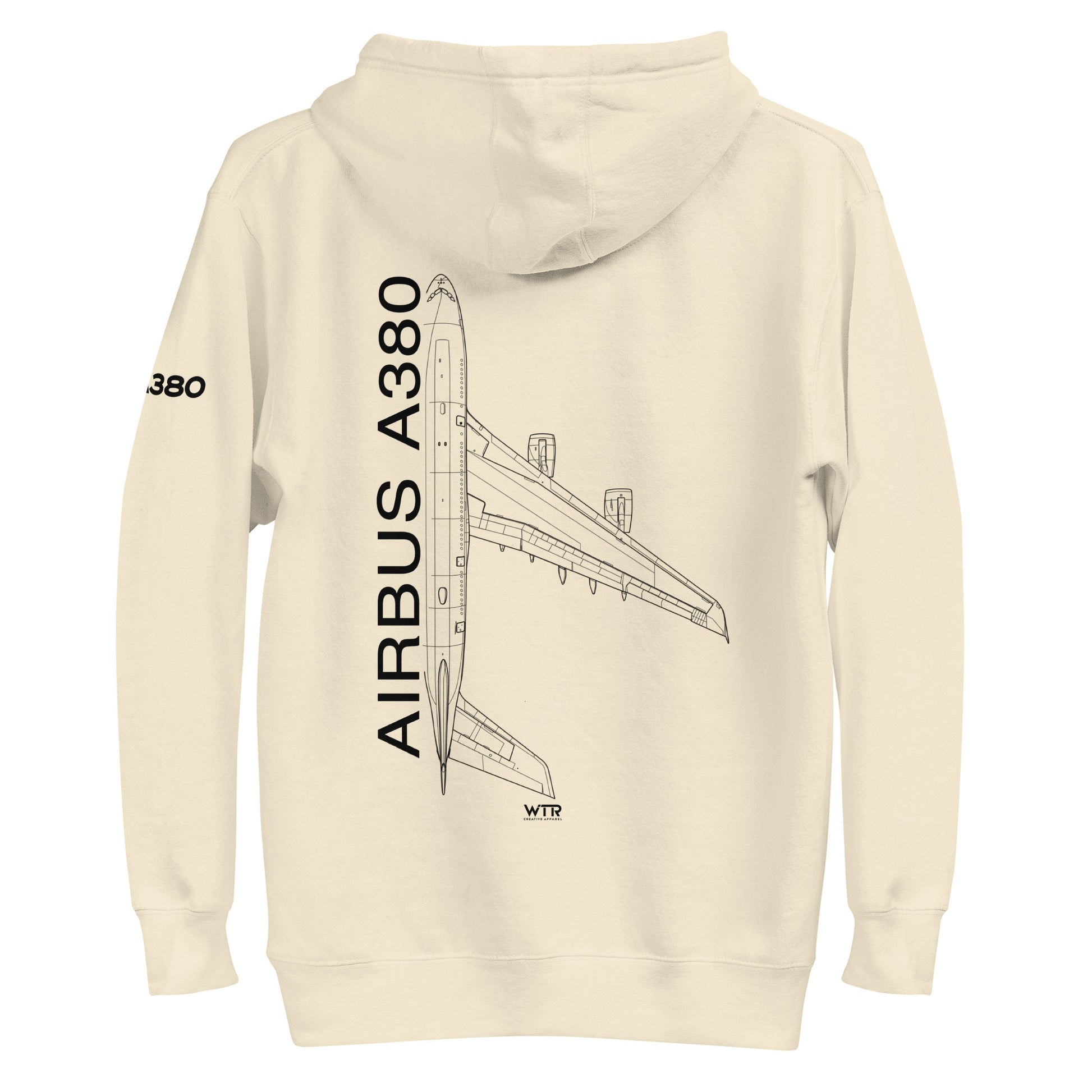 Hand-drawn schematic of the AIRBUS A380 SUPERJUMBO printed on a unisex hoodie.
