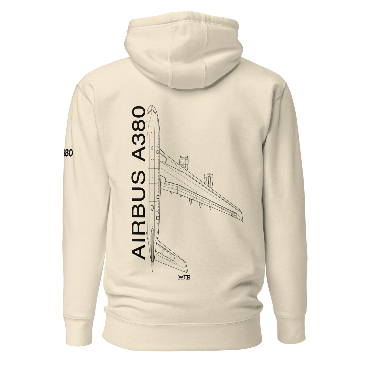 Hand-drawn schematic of the AIRBUS A380 SUPERJUMBO printed on a unisex hoodie.