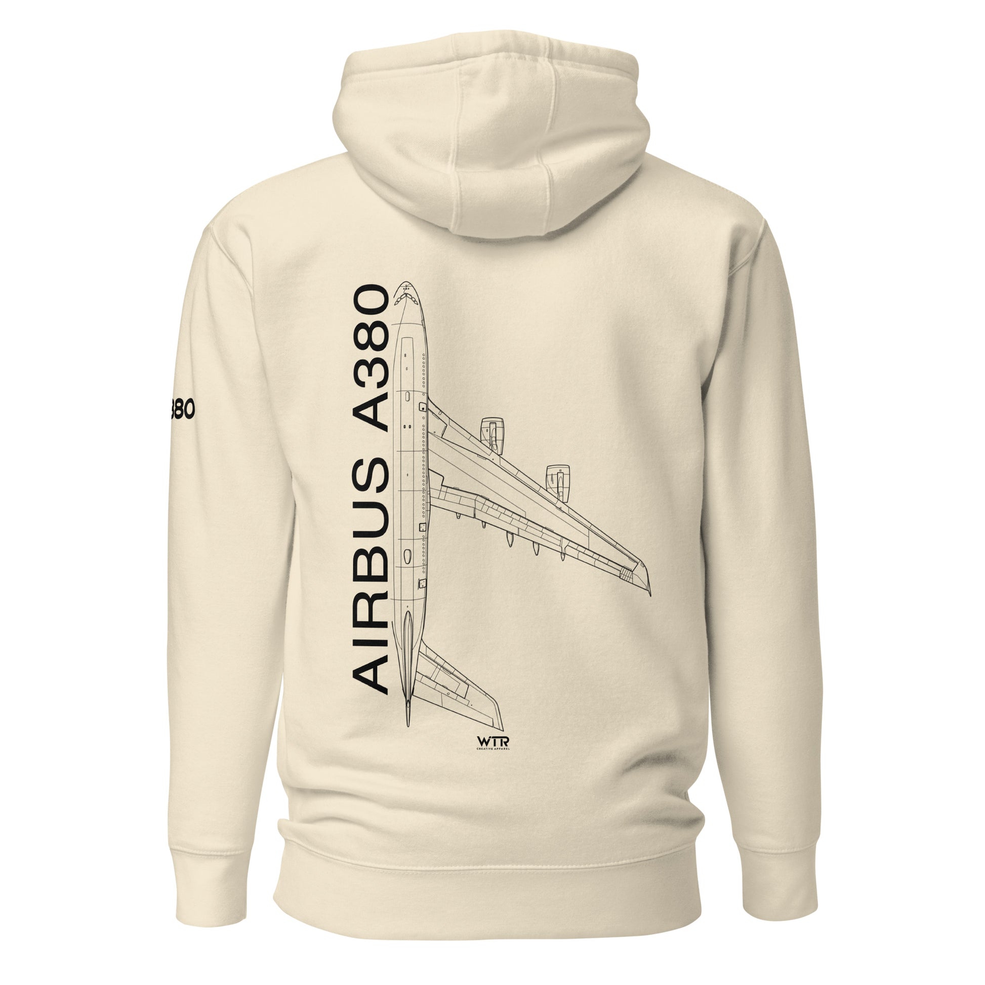 Hand-drawn technical schematic of the Airbus A380 SuperJumbo passenger airliner printed on a comfortable unisex hoodie.