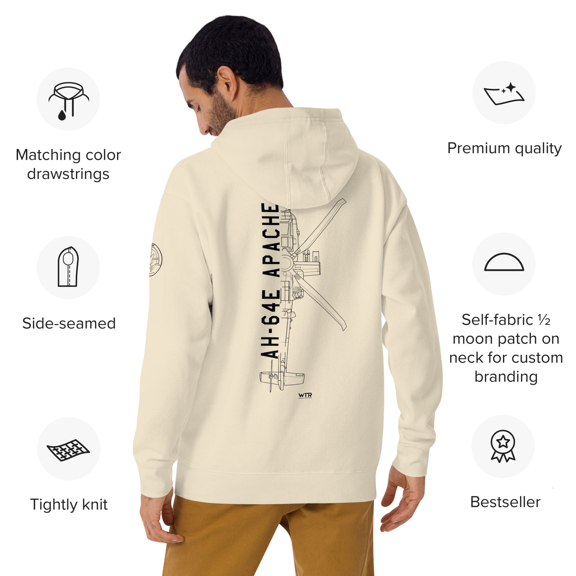 Hand-drawn schematic of the BOEING AH-64E APACHE GUARDIAN printed on a unisex hoodie.