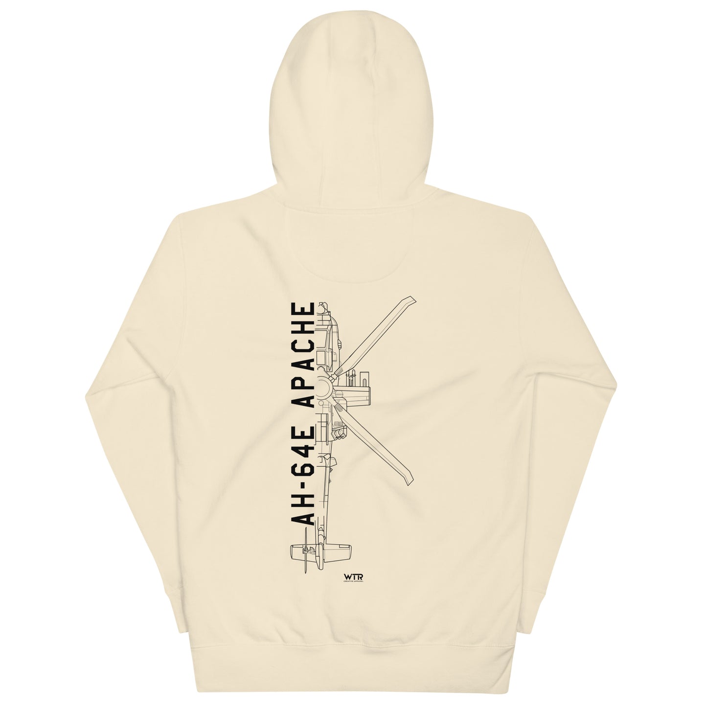 Hand-drawn schematic of the BOEING AH-64E APACHE GUARDIAN printed on a unisex hoodie.