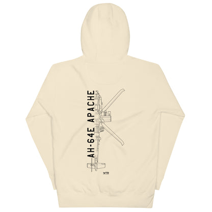 Hand-drawn schematic of the BOEING AH-64E APACHE GUARDIAN printed on a unisex hoodie.