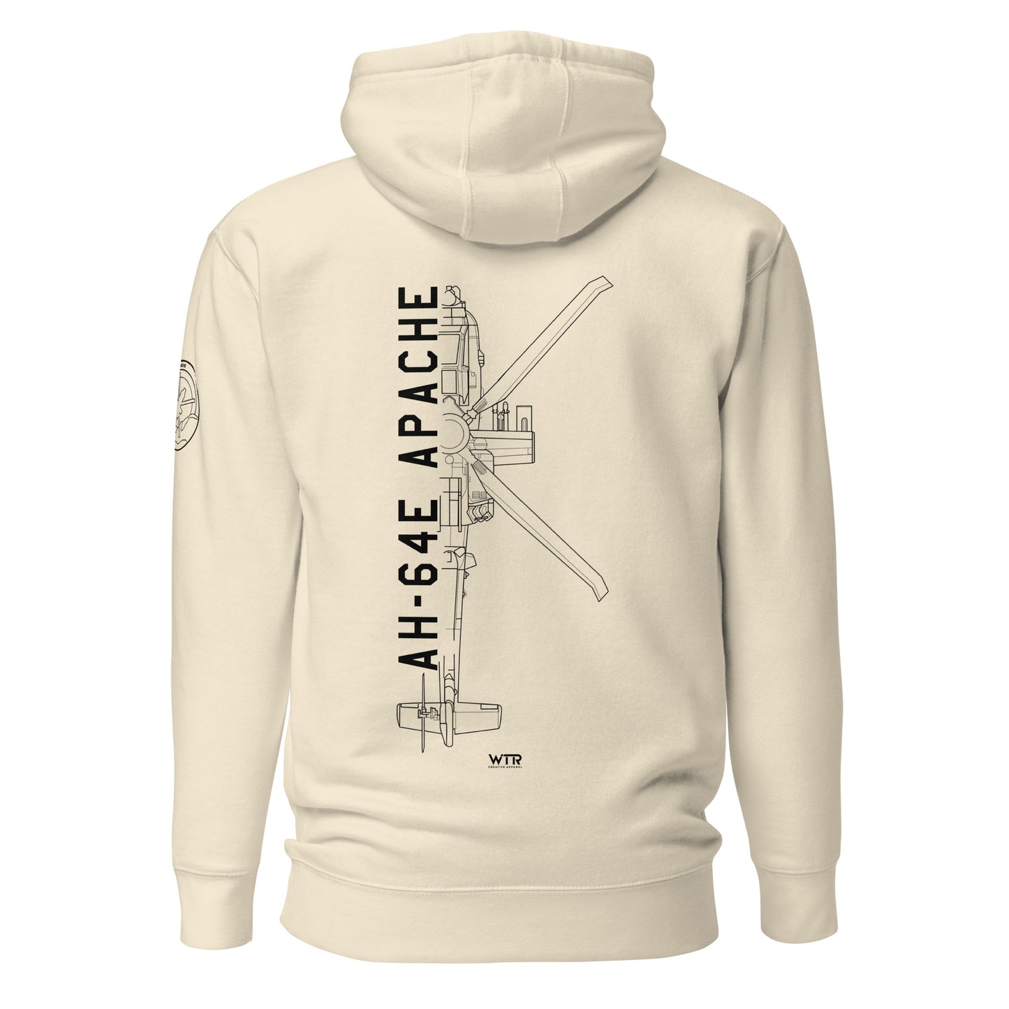 Hand-drawn schematic of the BOEING AH-64E APACHE GUARDIAN printed on a unisex hoodie.