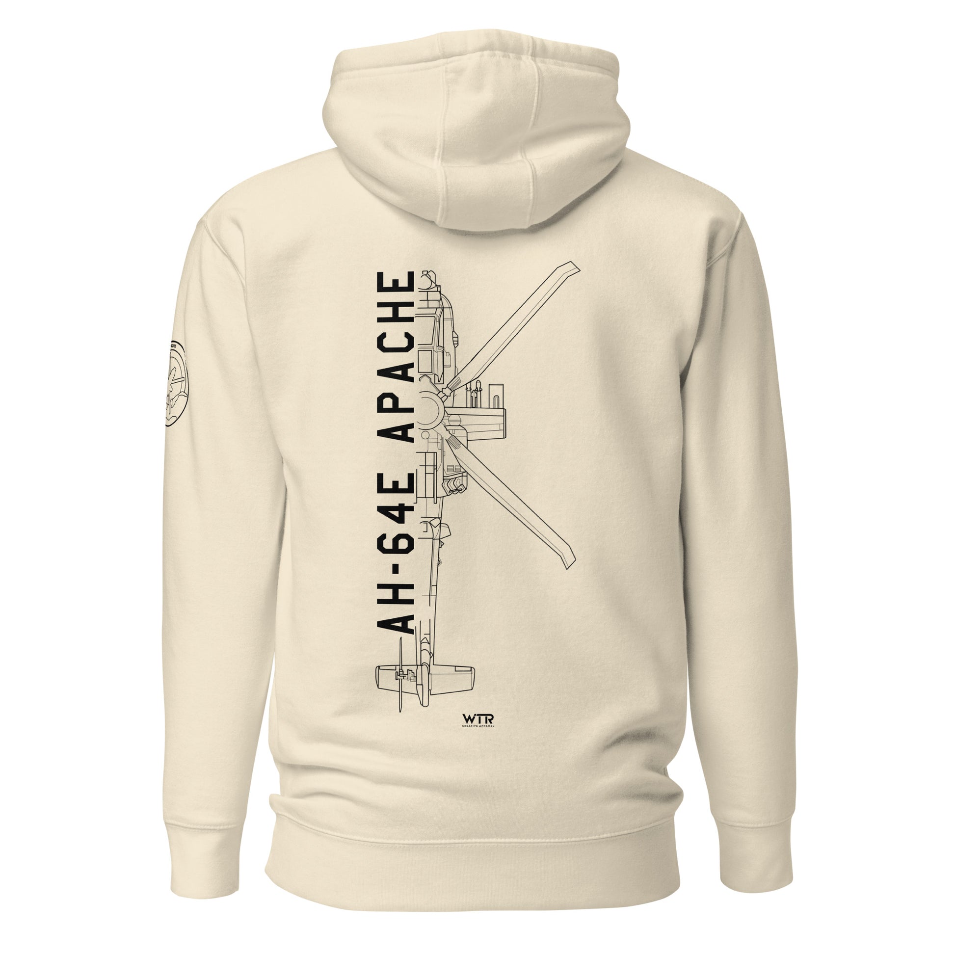 Hand-drawn technical schematic of the Boeing AH-64E Apache Guardian attack helicopter printed on a unisex hoodie.