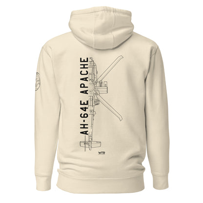 Hand-drawn schematic of the BOEING AH-64E APACHE GUARDIAN printed on a unisex hoodie.