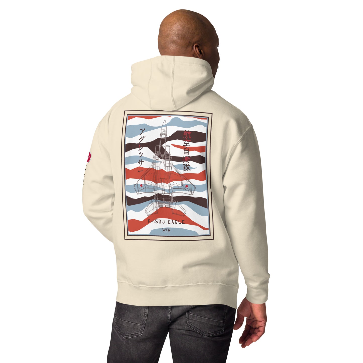 Hand-drawn schematic of the Mitsubishi F-15DJ Eagle Aggressor Minokasago Lionfish camouflage livery printed on a unisex hoodie.