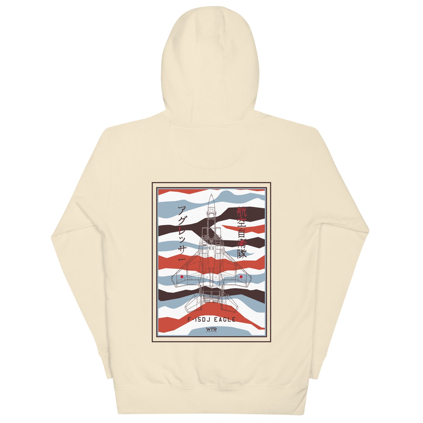 Hand-drawn schematic of the Mitsubishi F-15DJ Eagle Aggressor Minokasago Lionfish camouflage livery printed on a unisex hoodie.